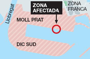 Ubicaci del desplaament de 600 metres de blocs de formig de les obres d'ampliaci del port de Barcelona (Gener 2007)